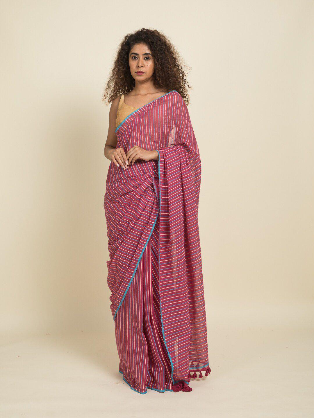 suta pink & blue striped pure cotton saree