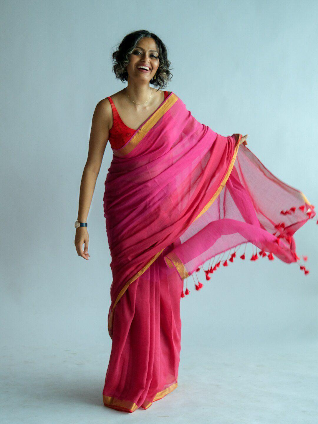 suta pink & gold-toned colourblocked zari saree