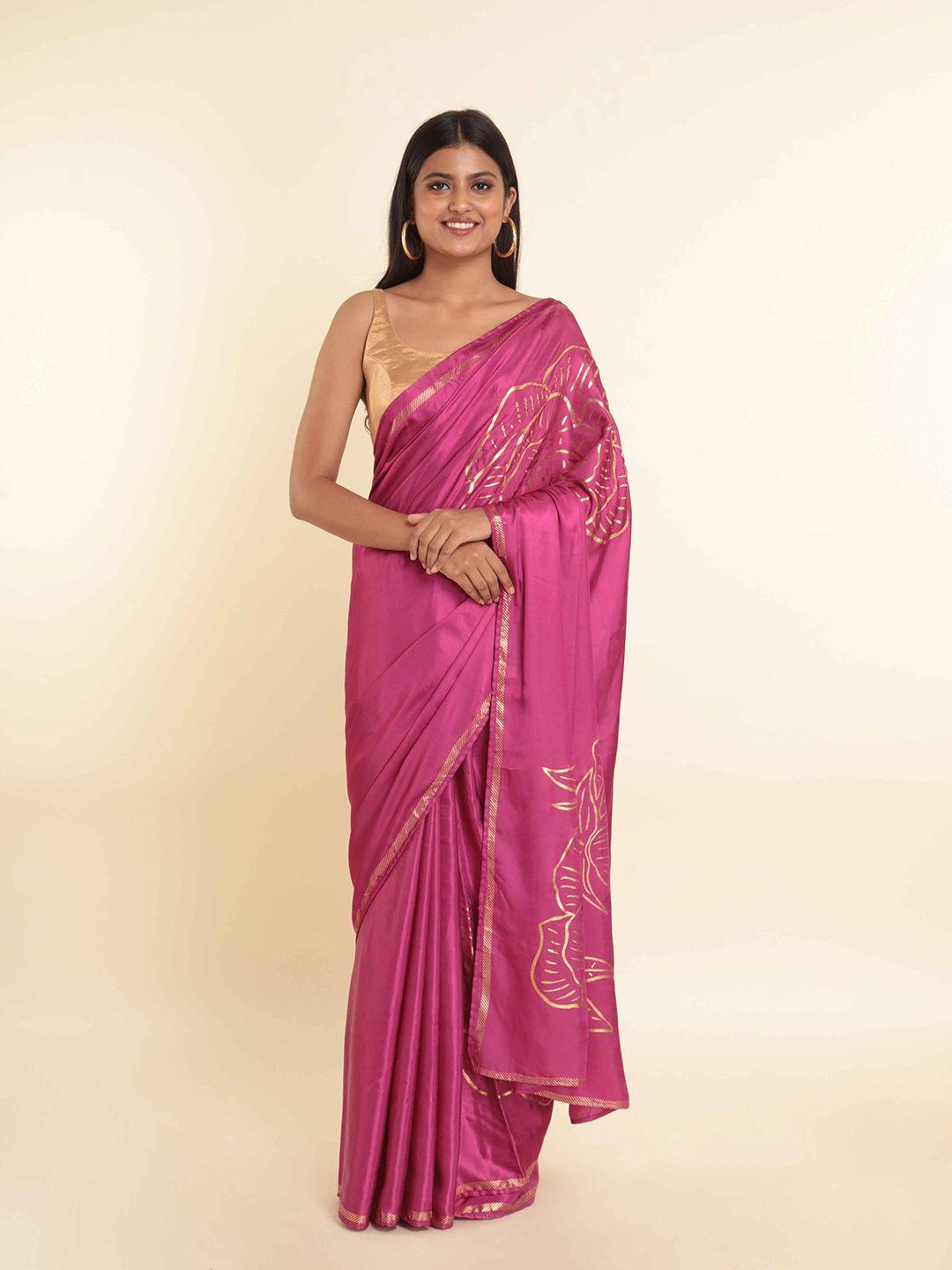 suta pink & gold-toned floral printed saree