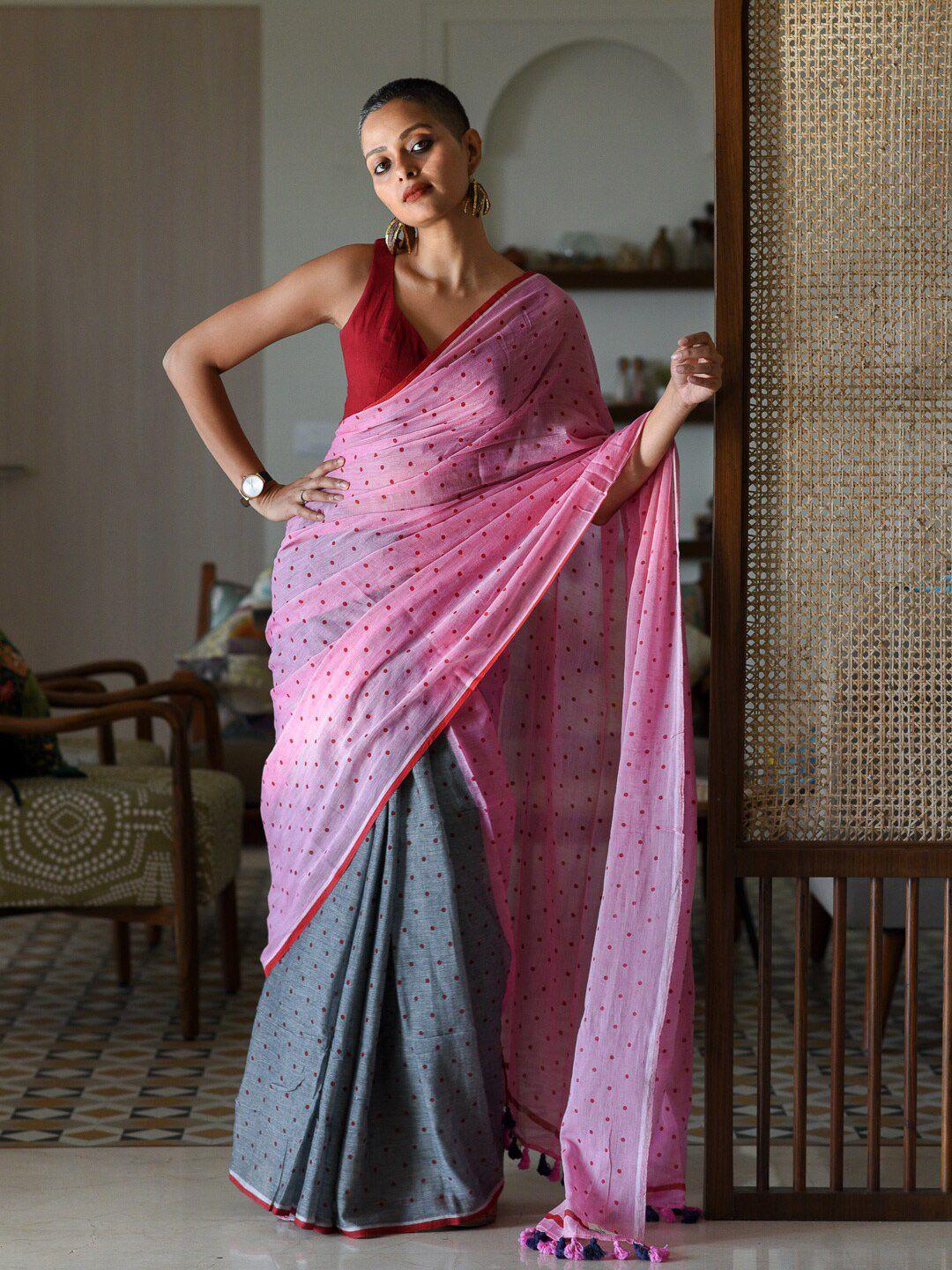 suta pink & grey polka dot printed pure cotton saree