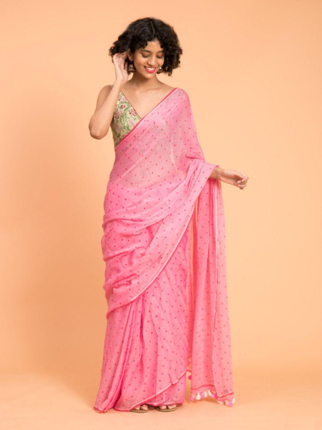 suta pink & magenta polka printed pure cotton saree