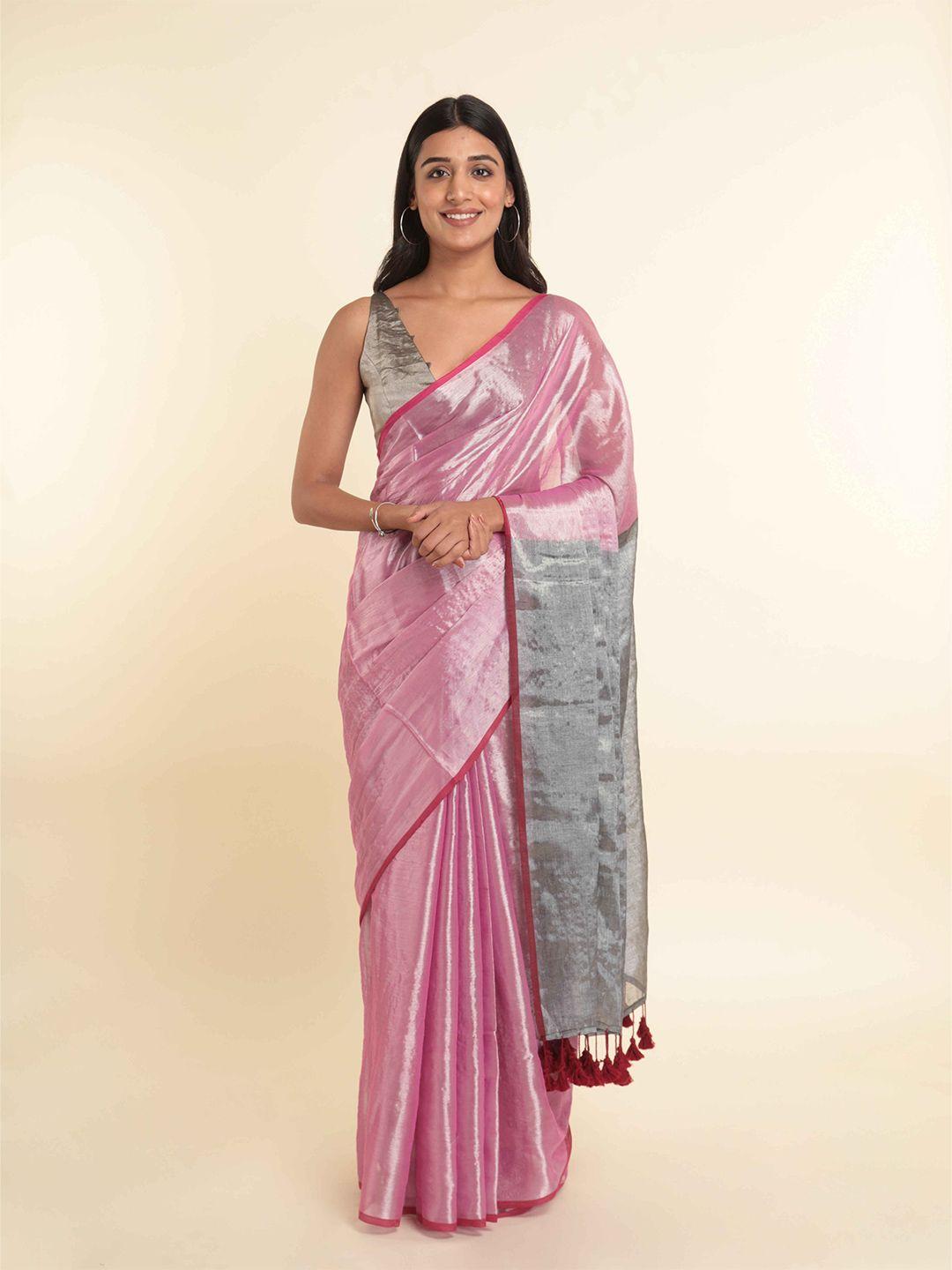 suta pink & silver-toned zari saree