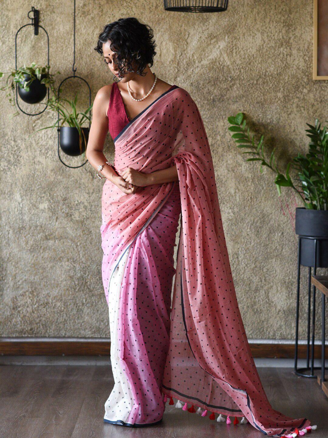 suta pink & white polka dot printed pure cotton saree