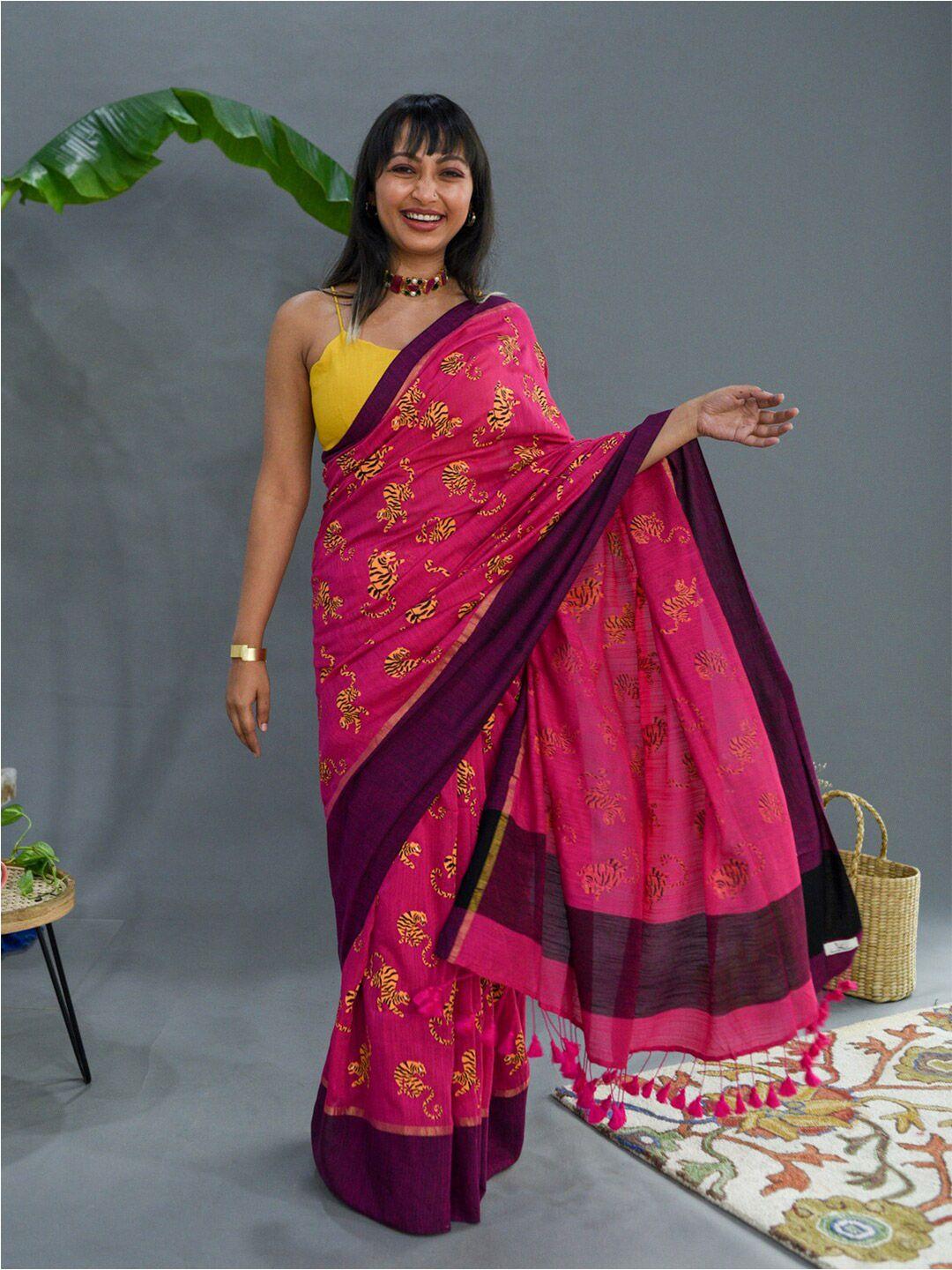 suta pink & yellow conversational printed zari pure cotton saree