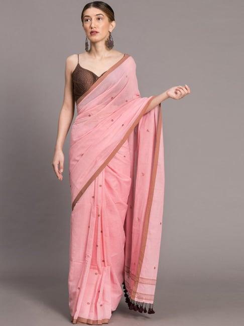 suta pink cotton embroidered saree without blouse