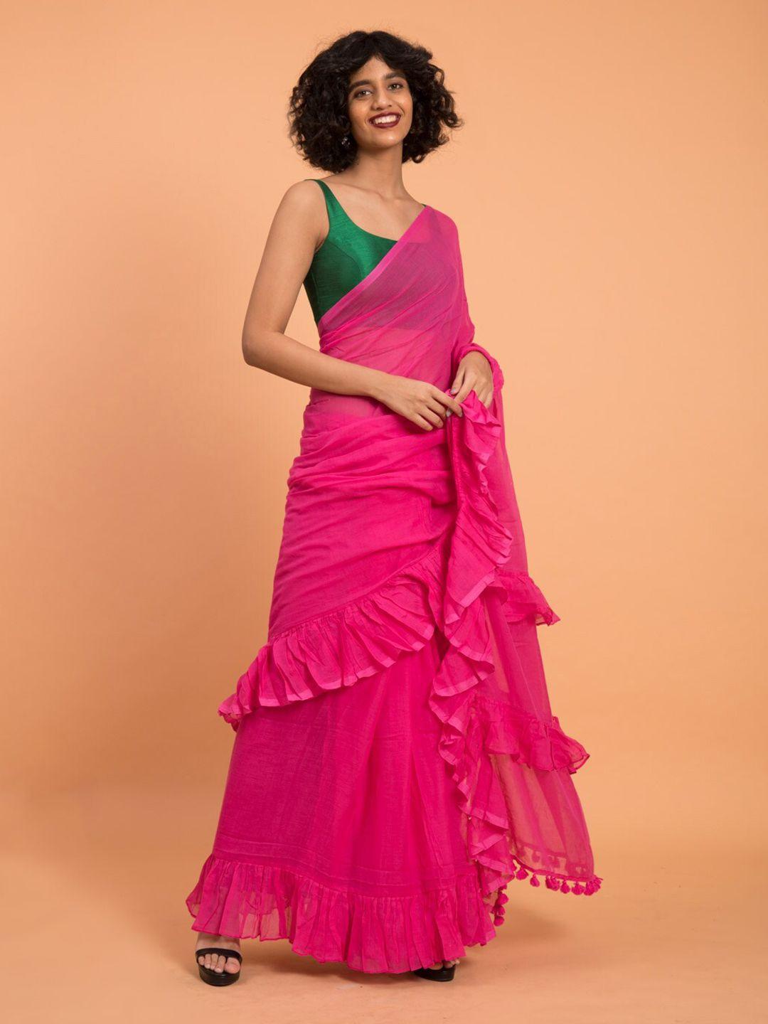 suta pink pure cotton solid ruffle saree