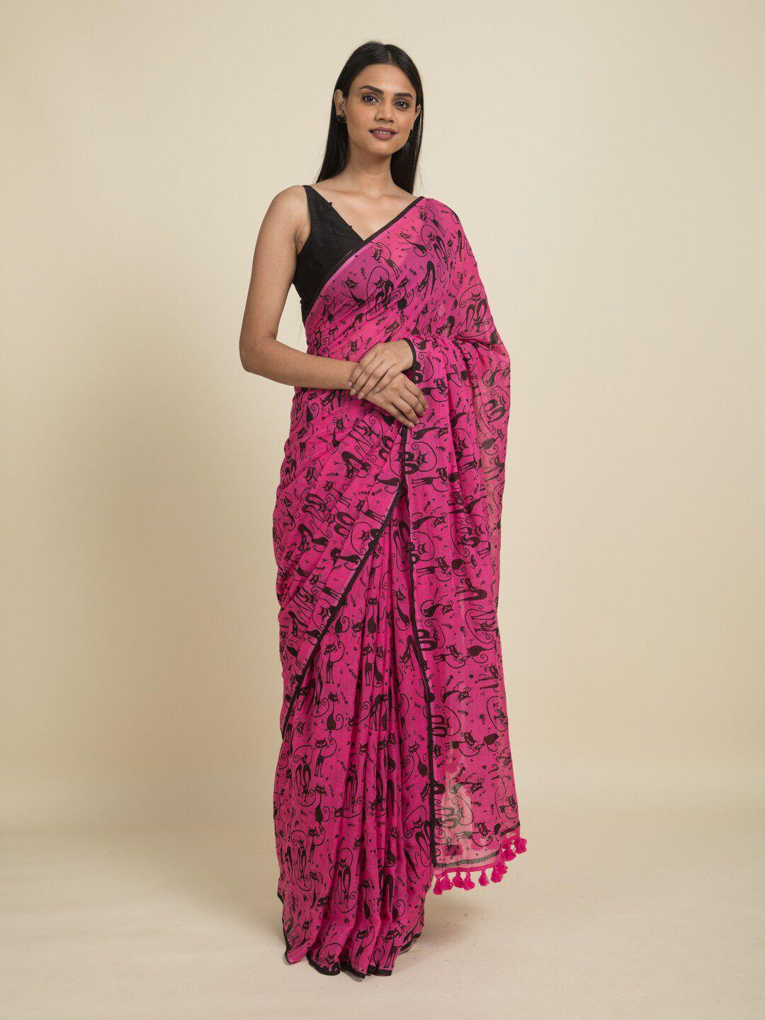 suta pink screen printed pure cotton saree