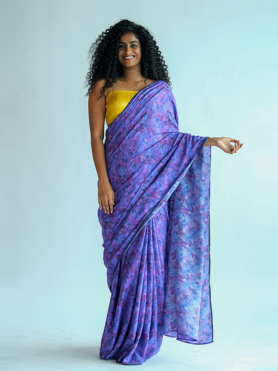 suta purple & blue floral printed saree