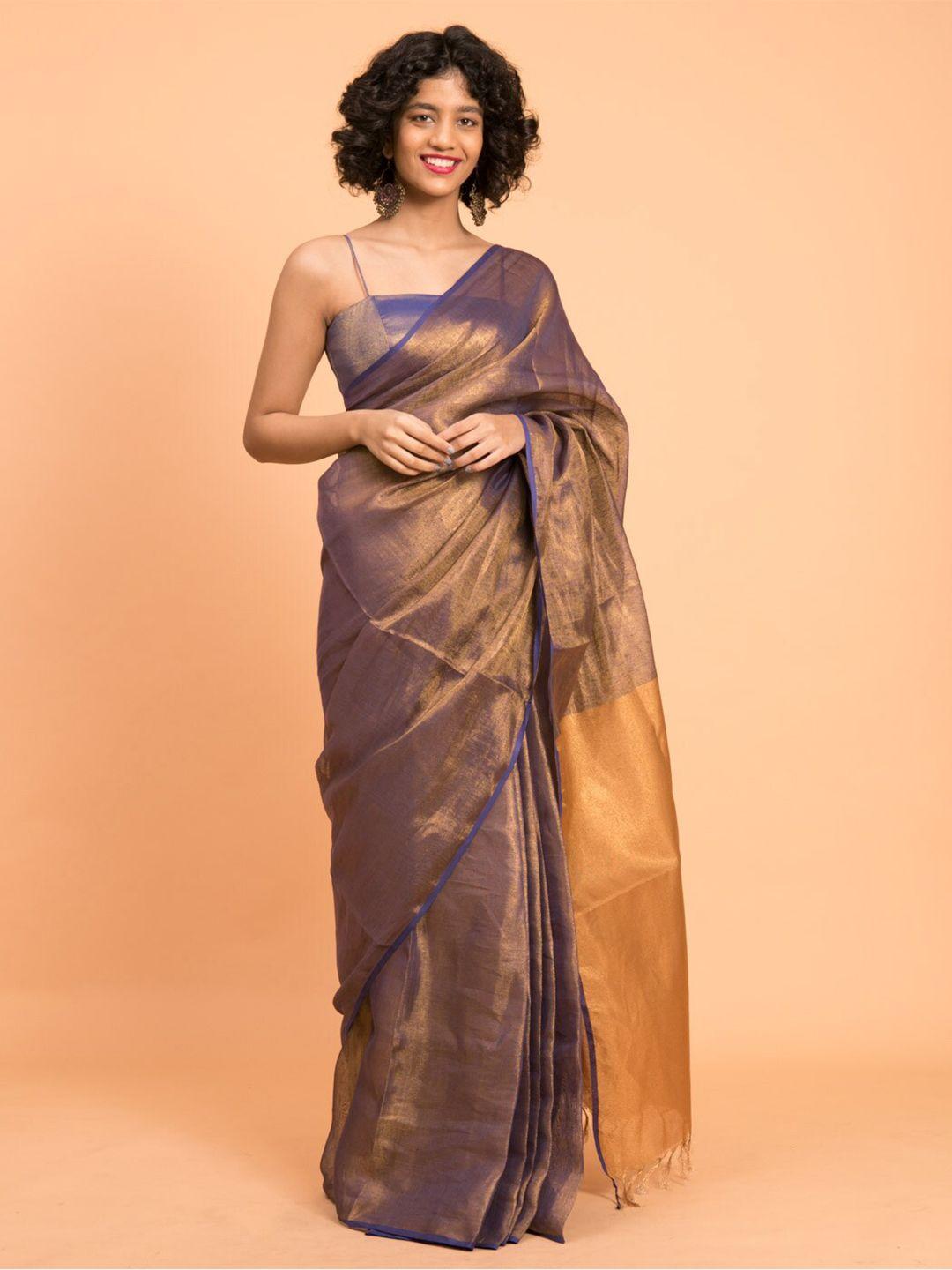suta purple & gold-toned zari pure linen saree