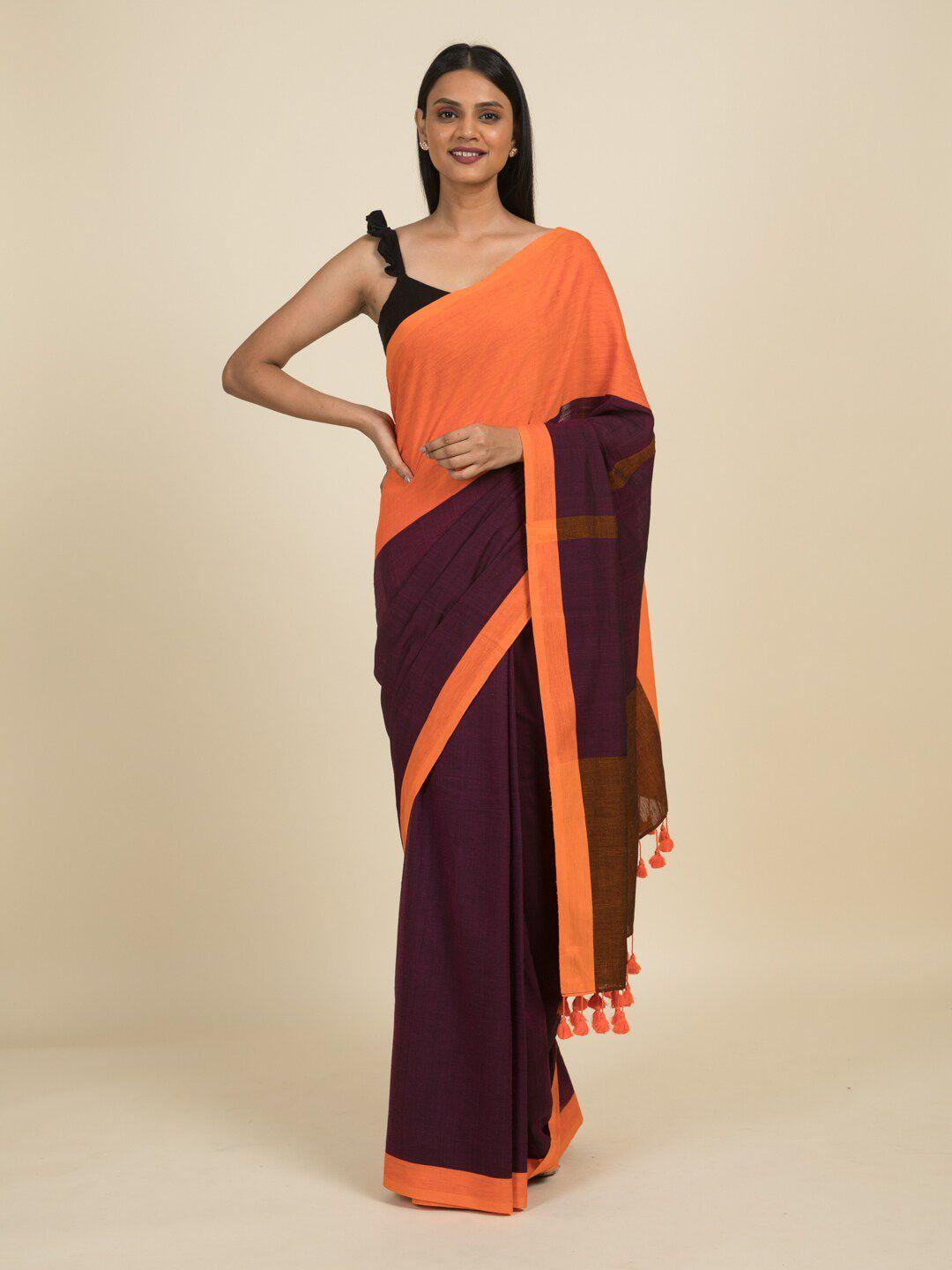 suta purple & orange colourblocked pure cotton saree