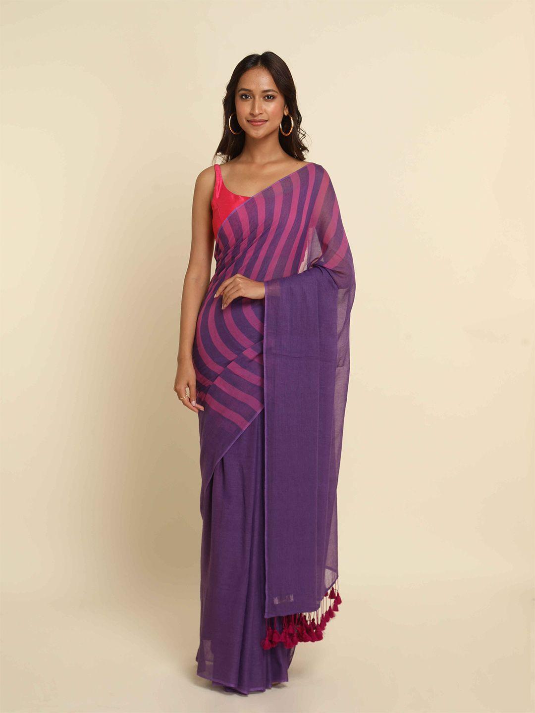 suta purple & pink striped zari pure cotton saree