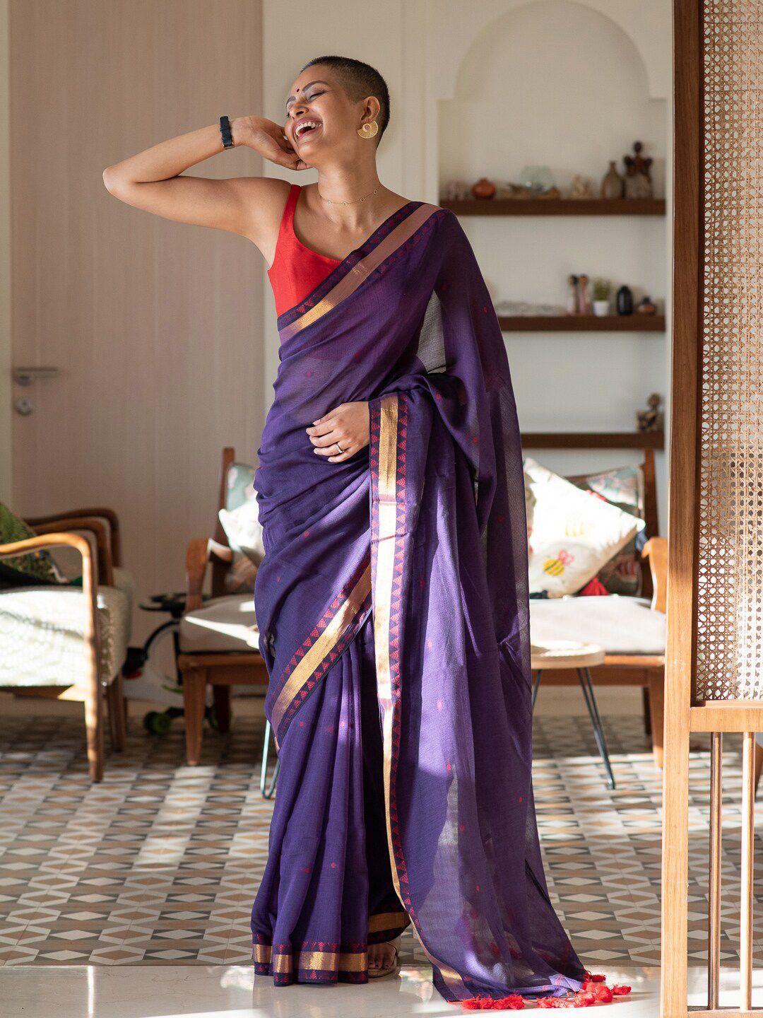 suta purple & red woven design zari pure cotton saree