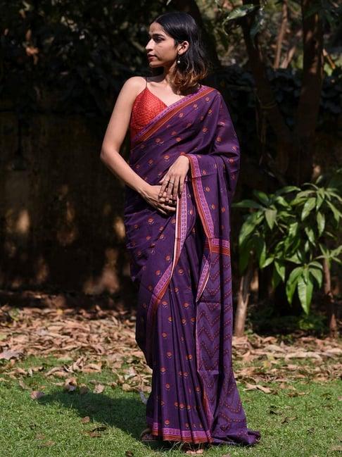 suta purple cotton floral print saree without blouse