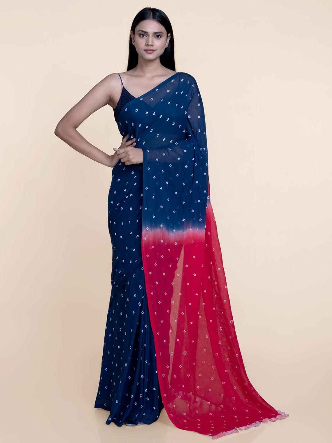 suta red & blue bandhani saree