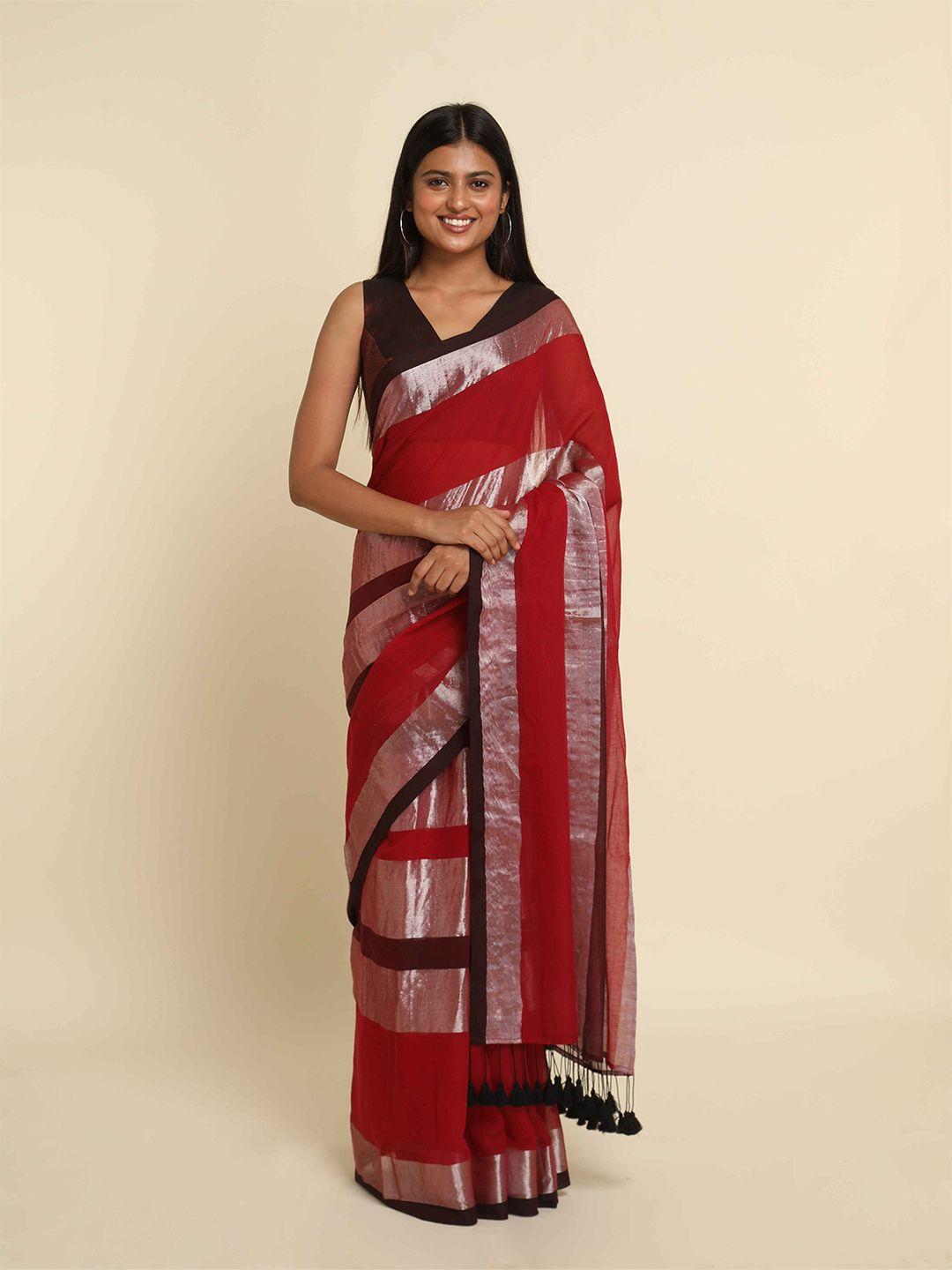 suta red & silver-toned striped cotton blend saree