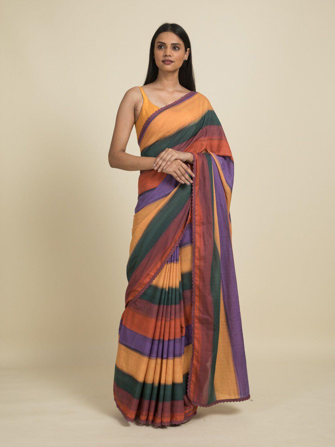 suta red & violet striped pure cotton saree