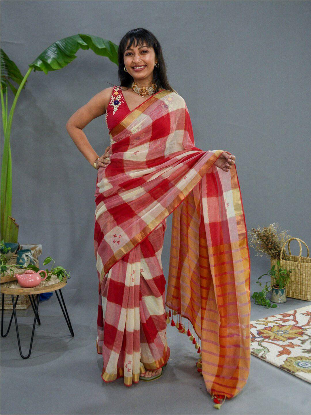 suta red & white checked zari pure cotton saree