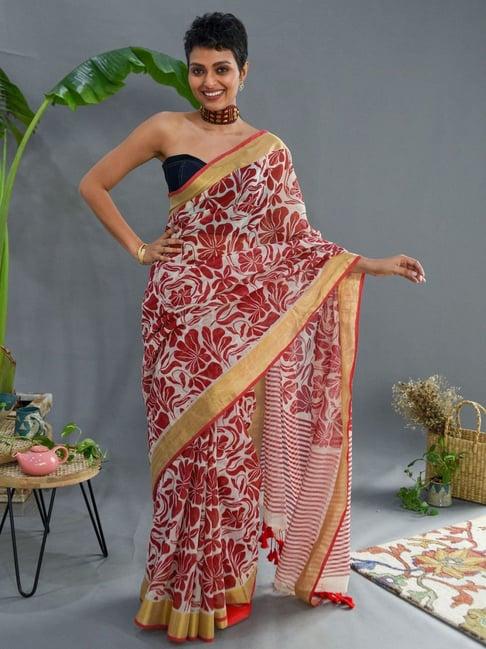 suta red & white cotton floral print saree without blouse