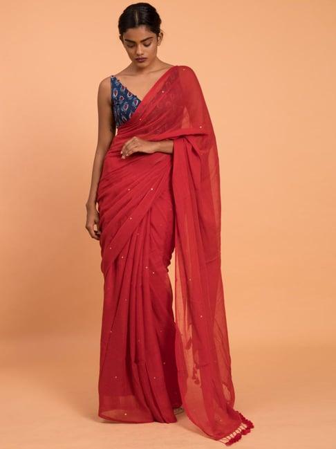 suta red cotton embellished saree without blouse