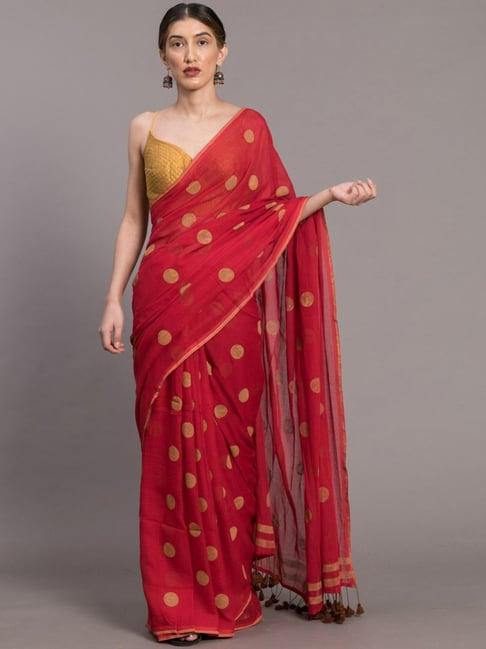 suta red cotton polka dots saree without blouse