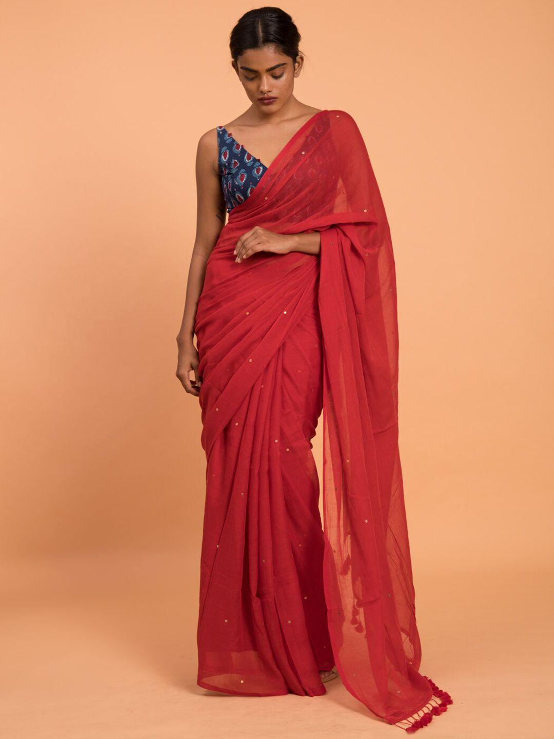 suta red embellished sequinned pure cotton saree