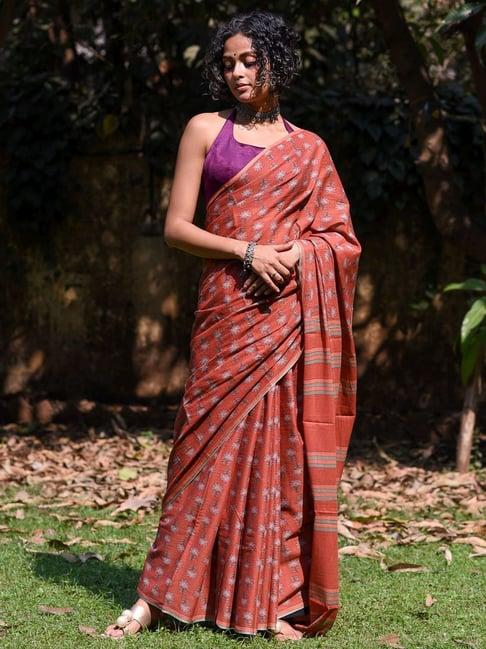 suta rust cotton floral print saree without blouse