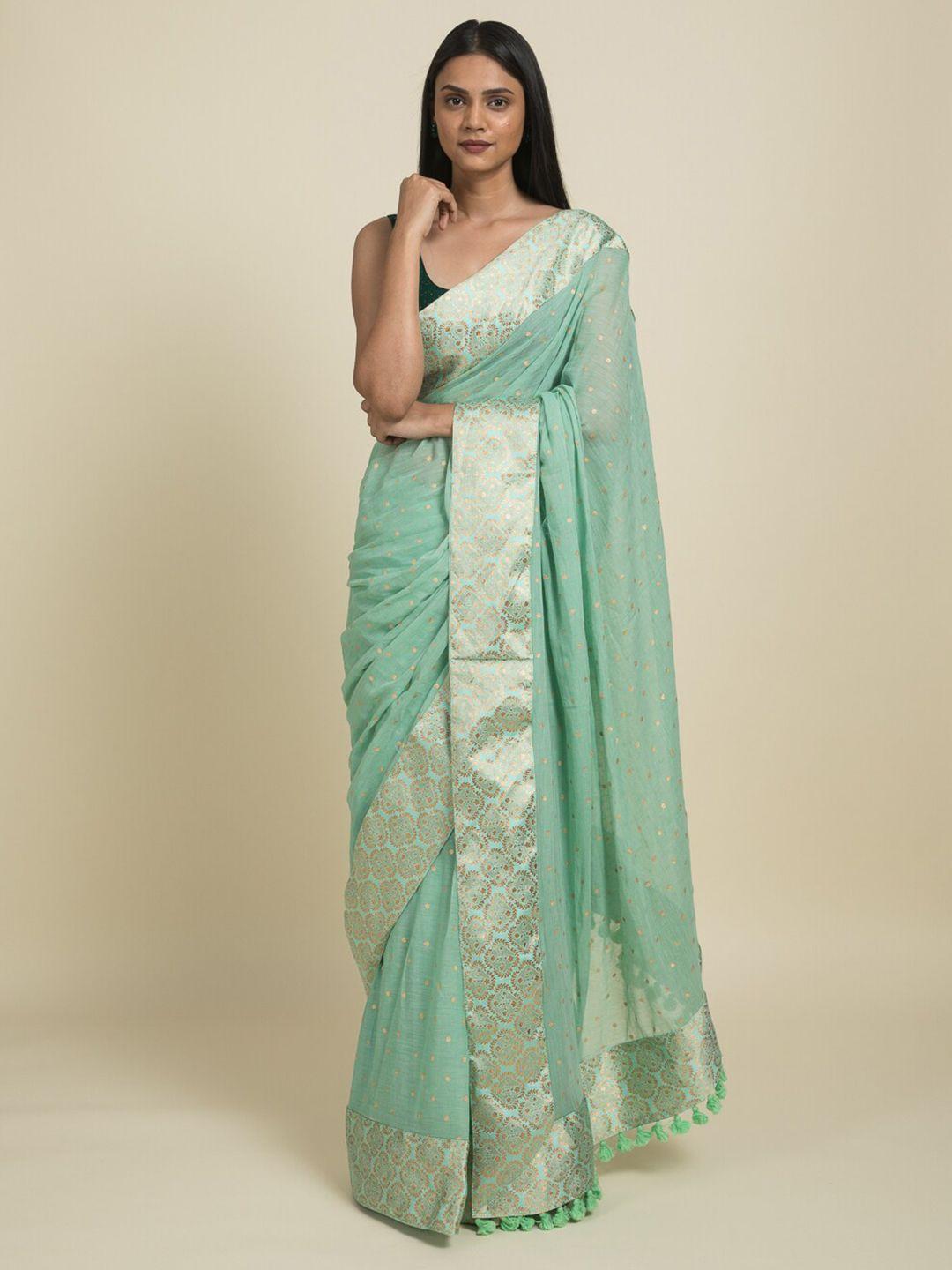 suta sea green & gold-toned pure cotton saree