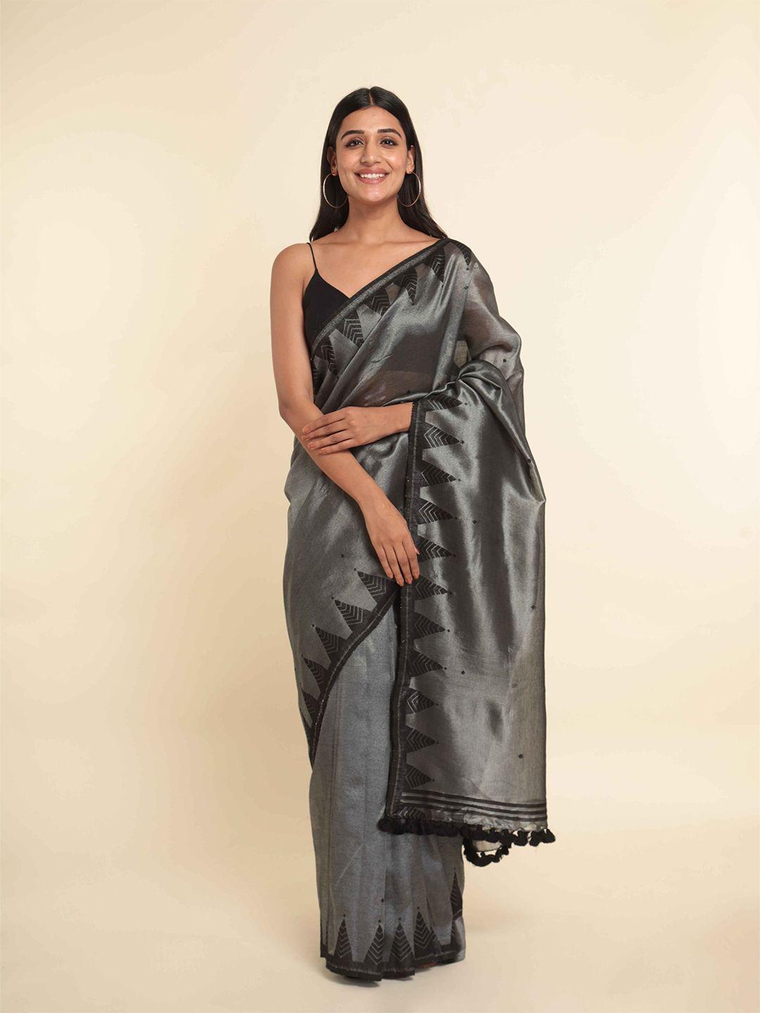 suta silver-toned & black woven design cotton blend saree