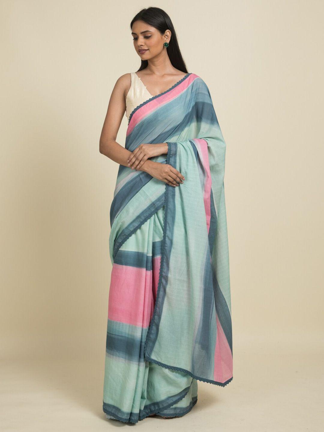 suta teal & pink digital printed pure cotton saree