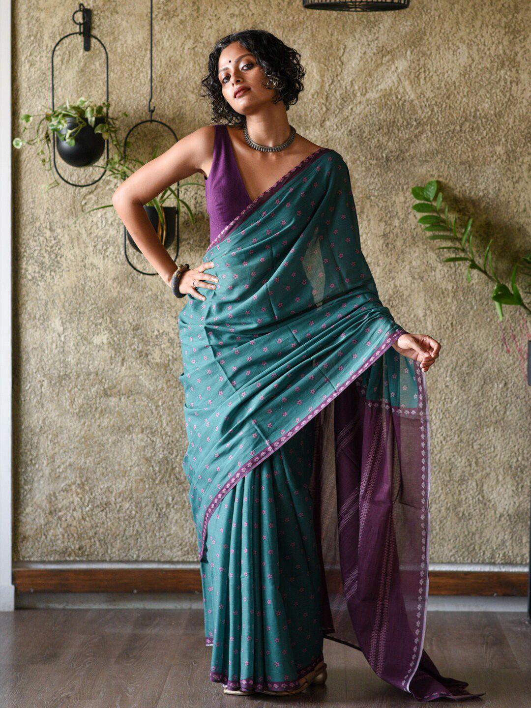 suta teal & purple floral printed pure cotton saree