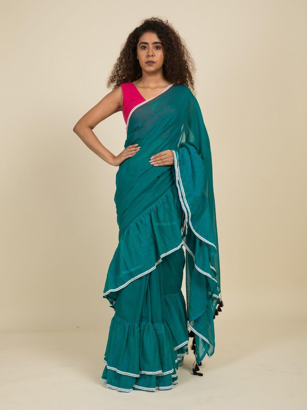 suta teal & white pure cotton ruffled saree