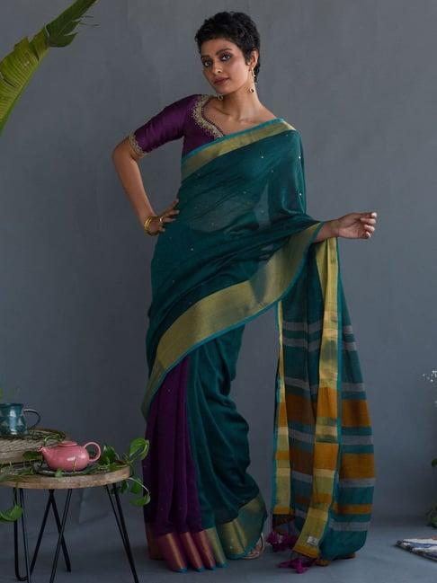 suta teal blue & purple cotton embellished saree without blouse