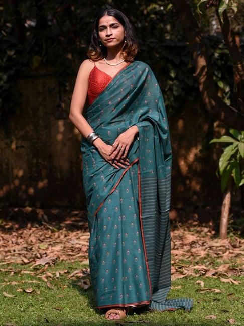 suta teal blue cotton floral print saree without blouse