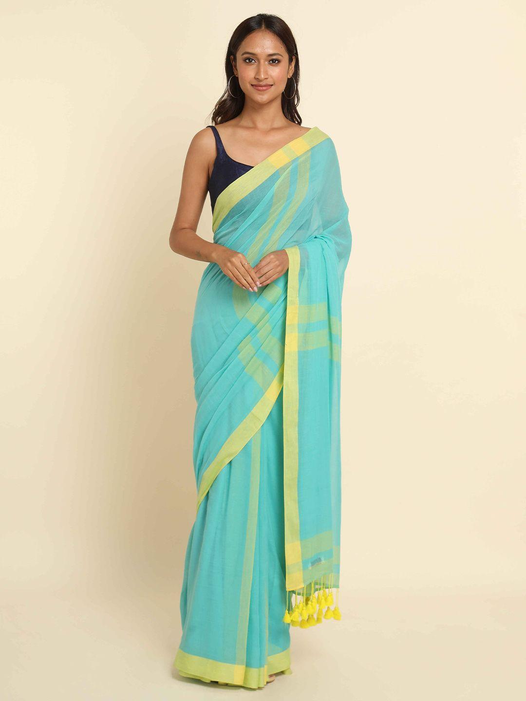 suta turquoise blue & yellow striped pure cotton saree