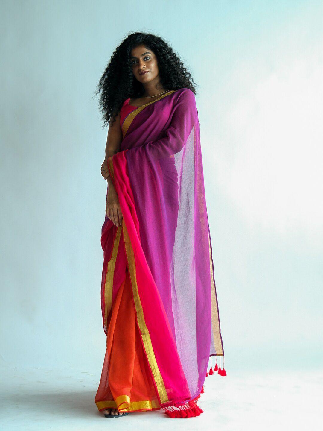 suta violet & pink colourblocked zari saree