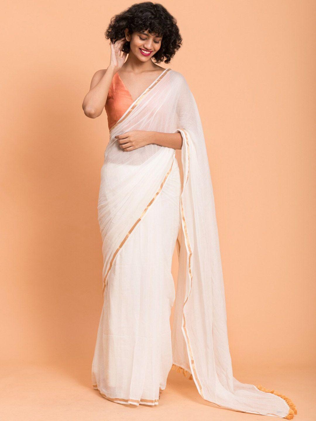 suta white & gold-toned zari pure cotton solid saree