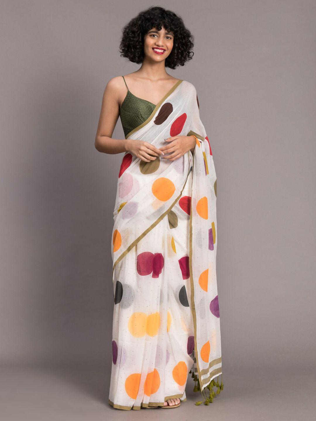 suta white & orange big polka dots printed pure cotton saree