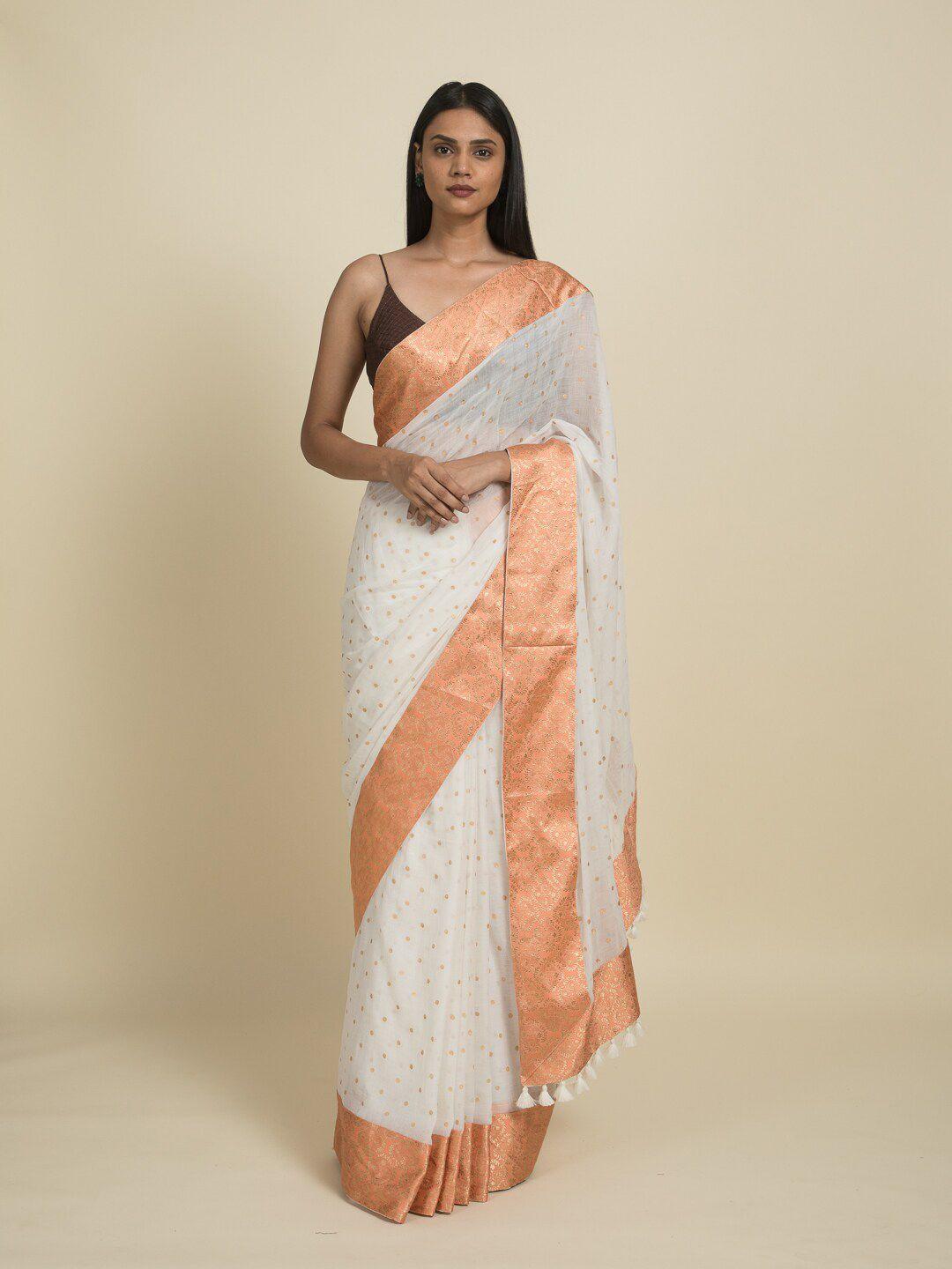 suta white & orange pure cotton saree