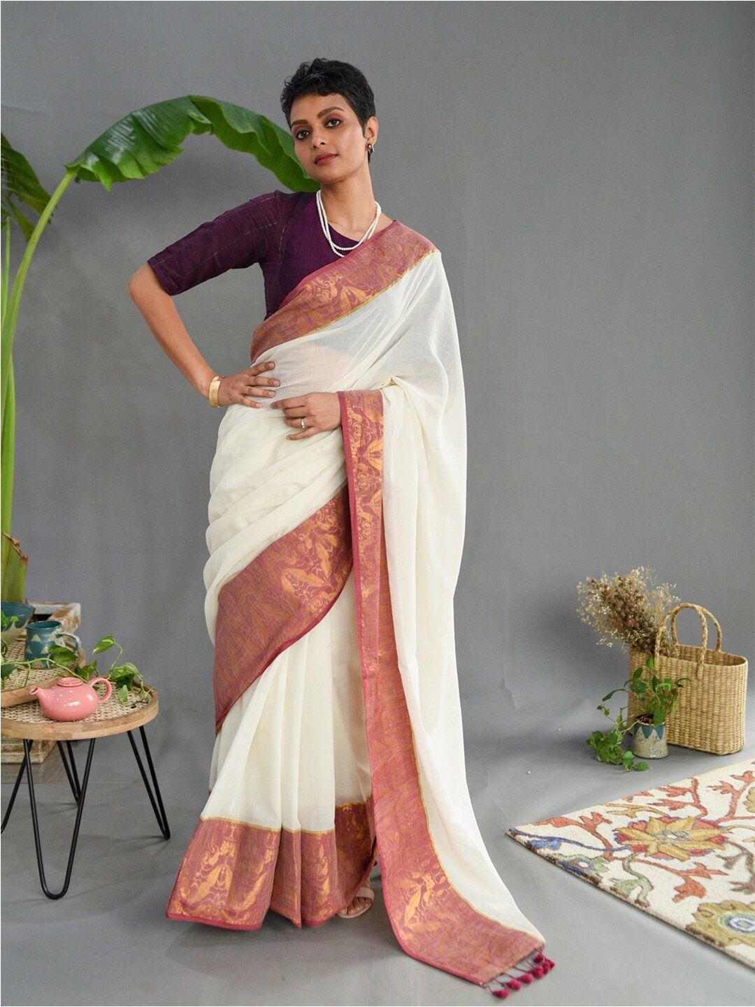 suta white & pink floral woven design zari pure cotton saree