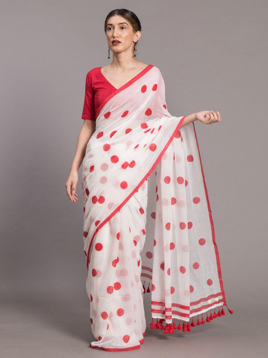suta white & red polka printed pure cotton saree