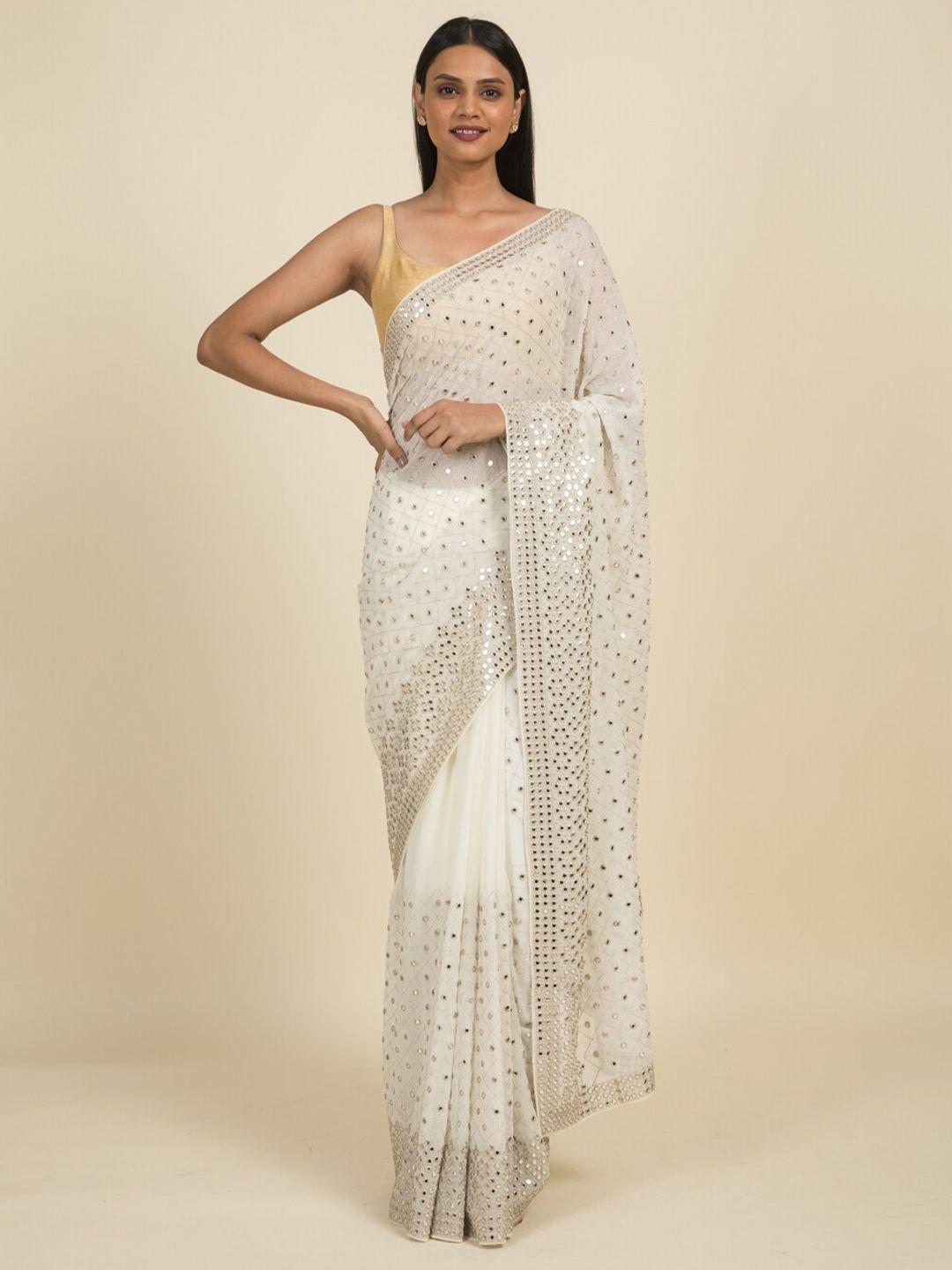 suta white & silver embellished mirror work rayon saree