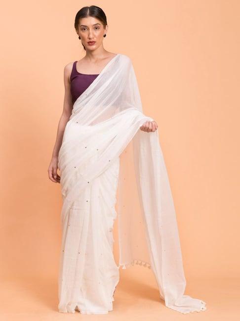 suta white cotton embellished saree without blouse