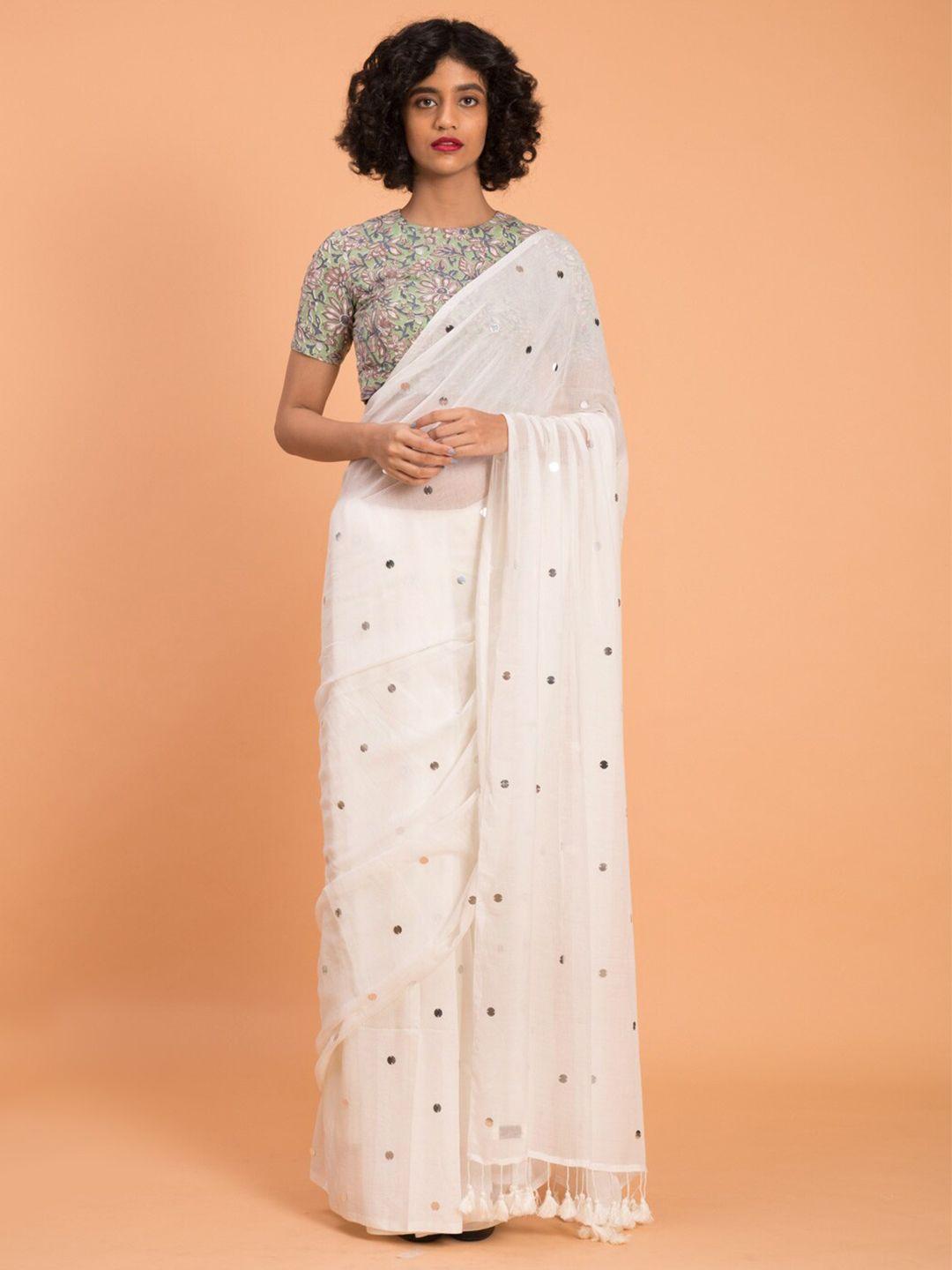 suta white embellished sequinned pure cotton saree