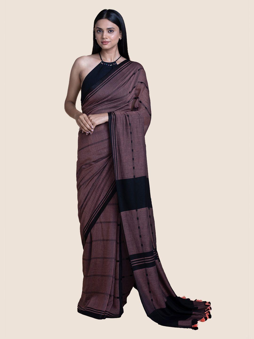 suta women black & brown striped cotton modal saree
