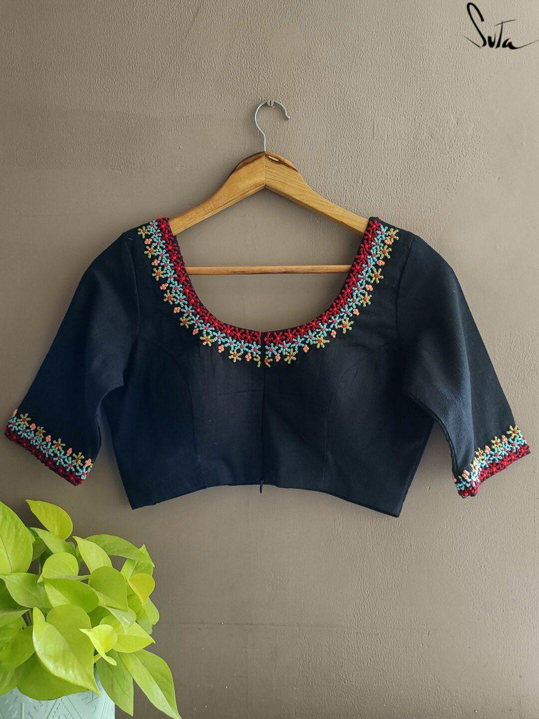 suta women black embroidered cotton saree blouse