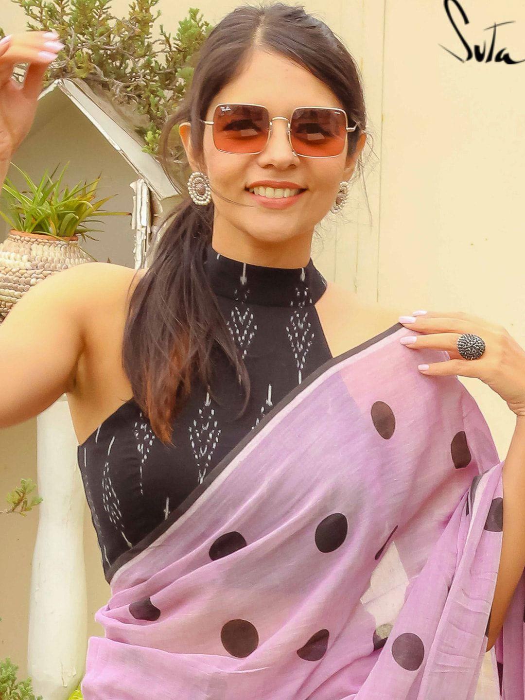 suta women black ikat print halter neck saree blouse