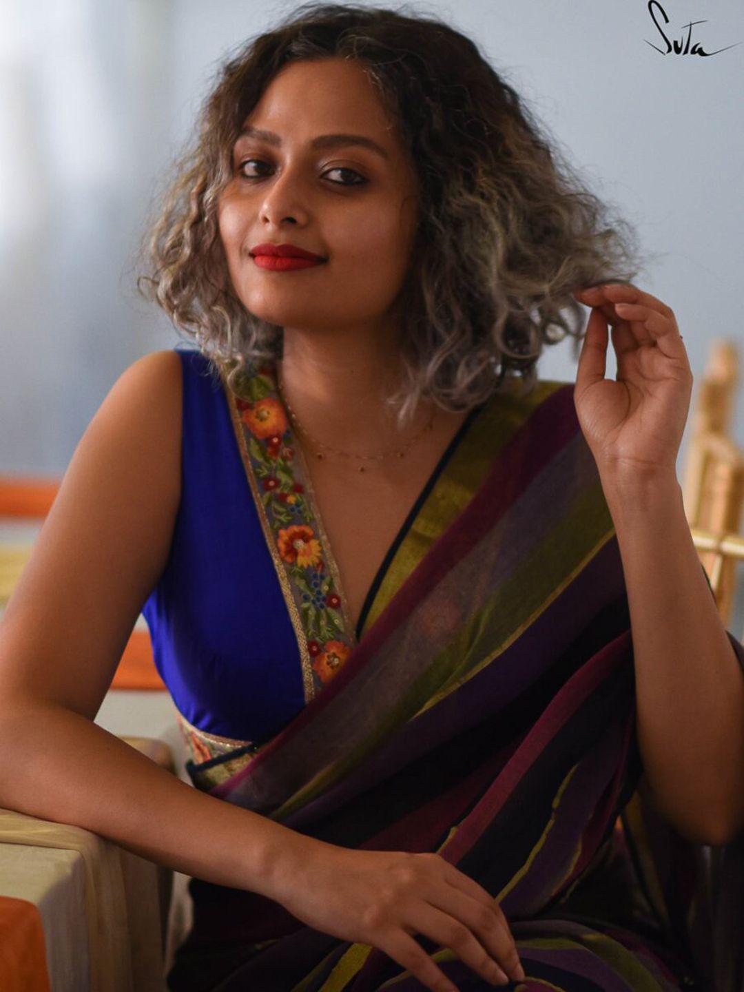 suta women blue & green embroidered silk saree blouse