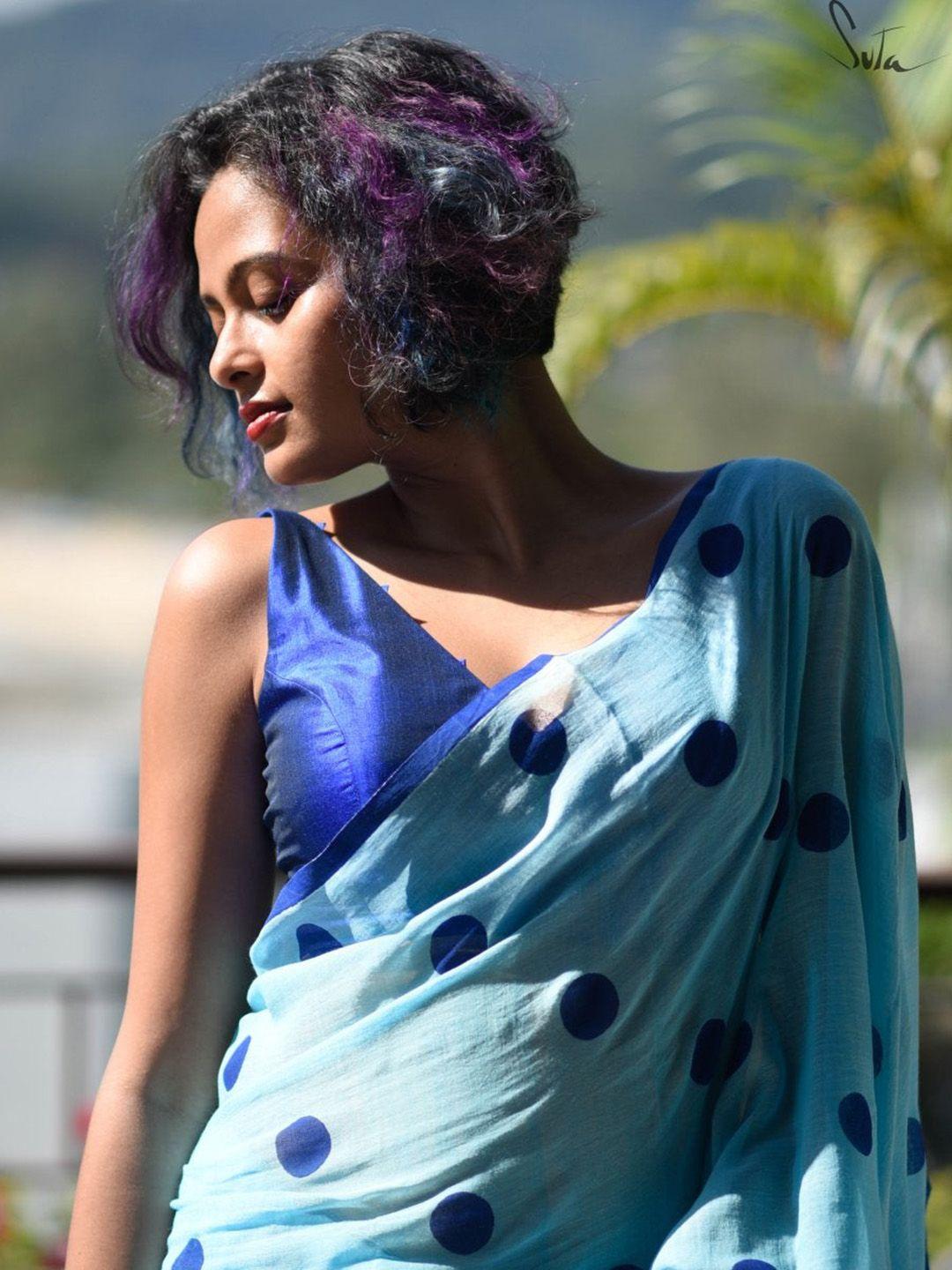 suta women blue solid silk saree blouse