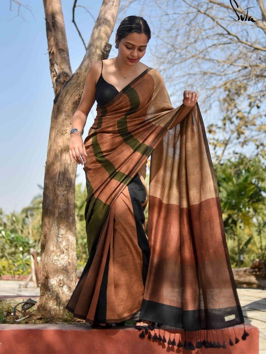 suta women camel brown & green striped pure cotton saree