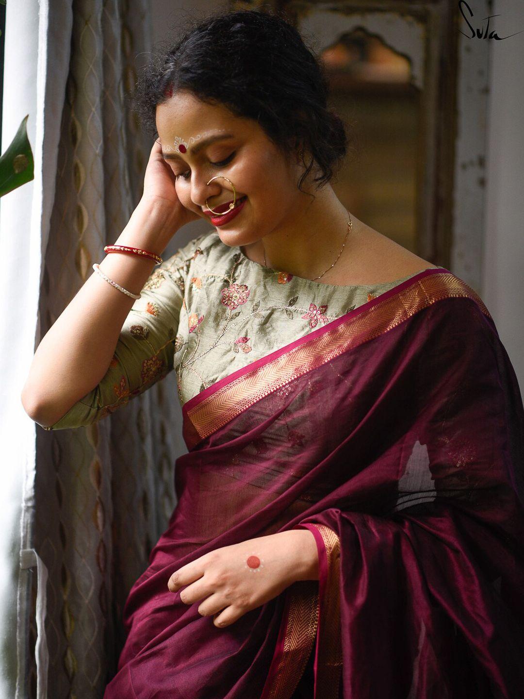 suta women green & mauve embroidered saree blouse